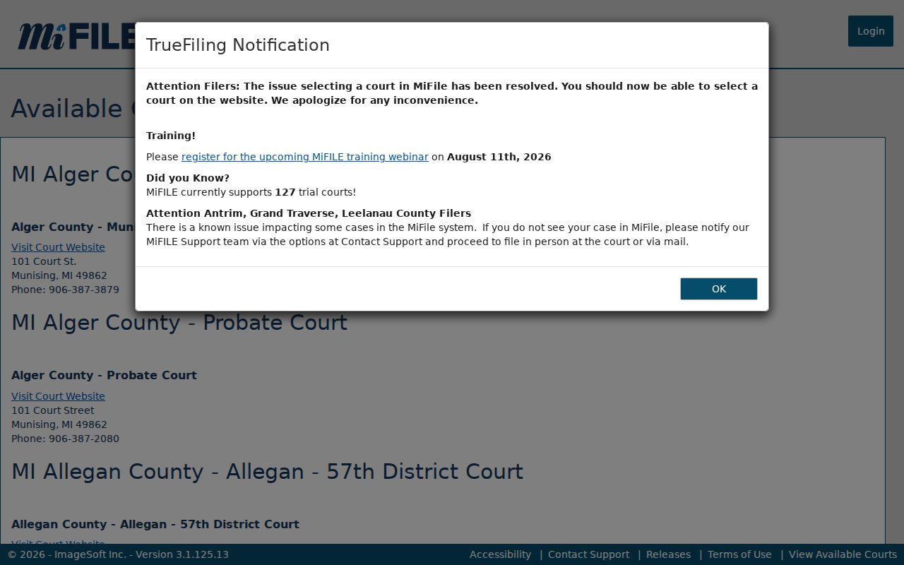 Marquette civil dockets MiFILE court availability listing
