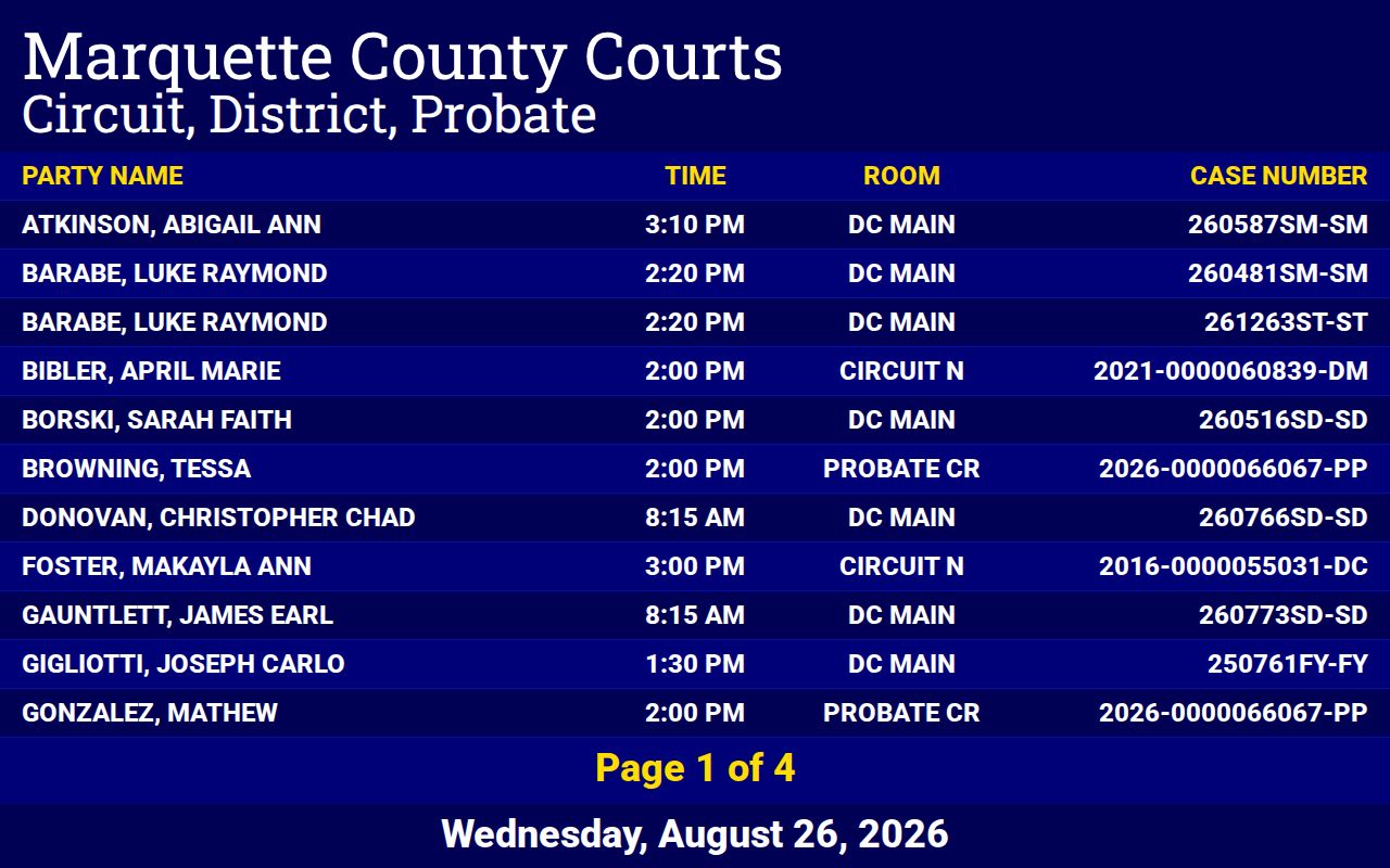 Marquette County court calendar Court Display table