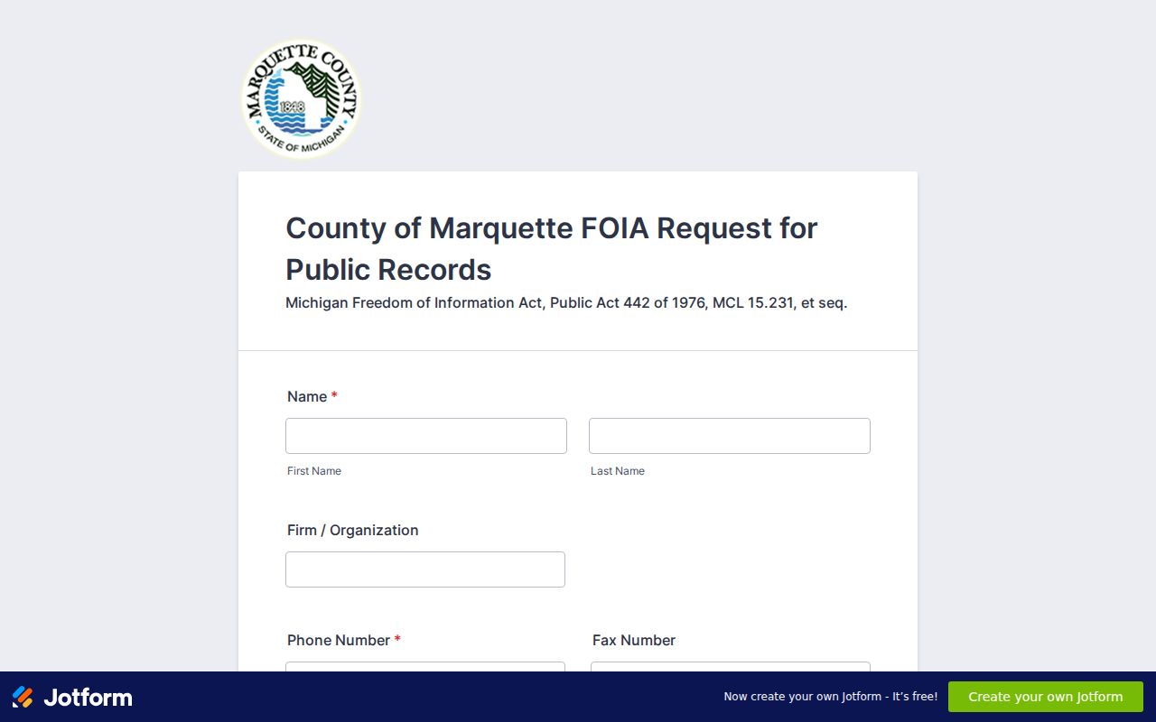 Marquette County court records county FOIA intake form