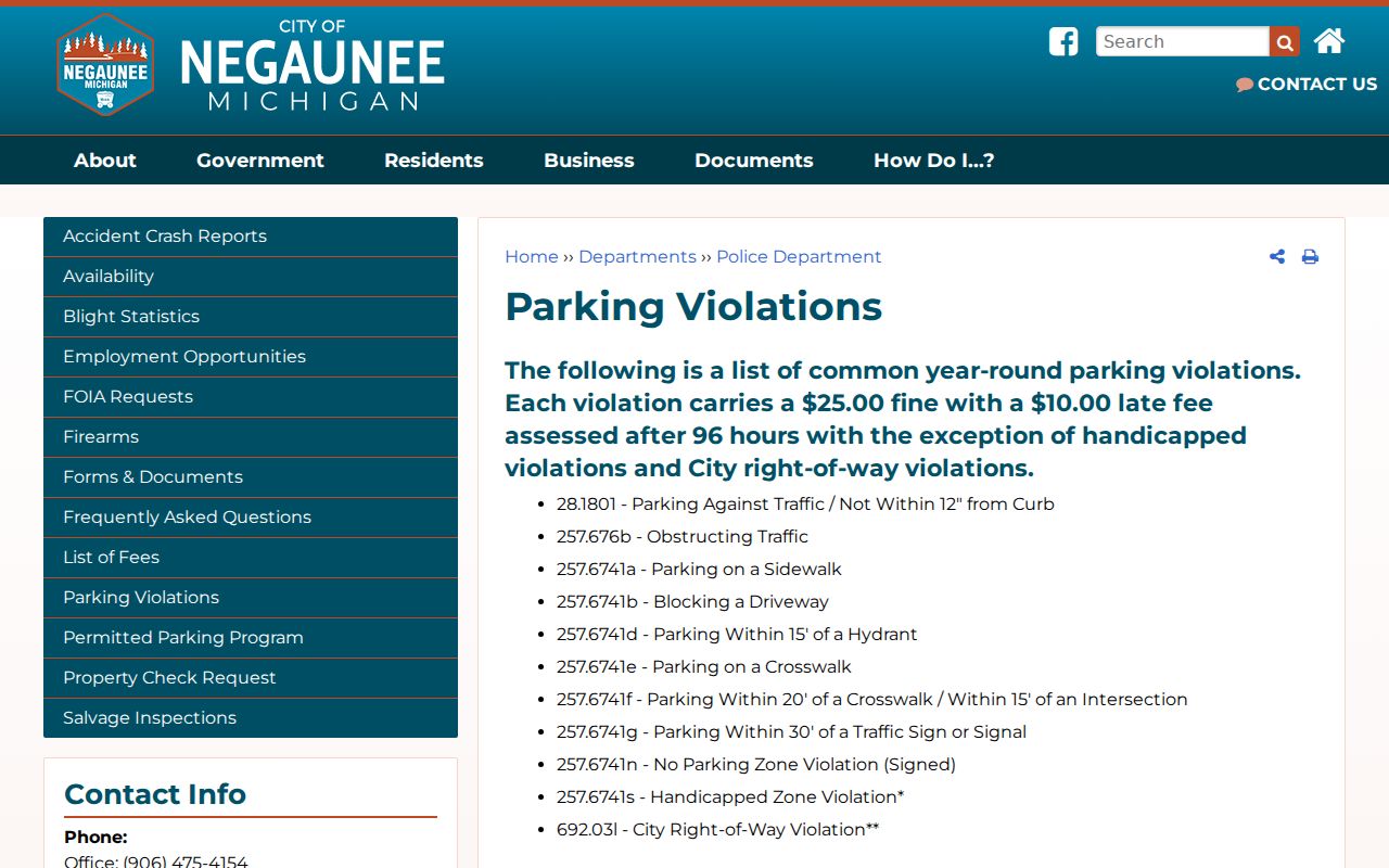 Negaunee court docket parking citation escalation information