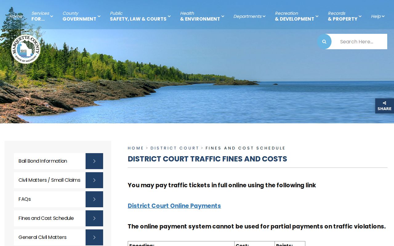 Marquette traffic court records District Court fines schedule