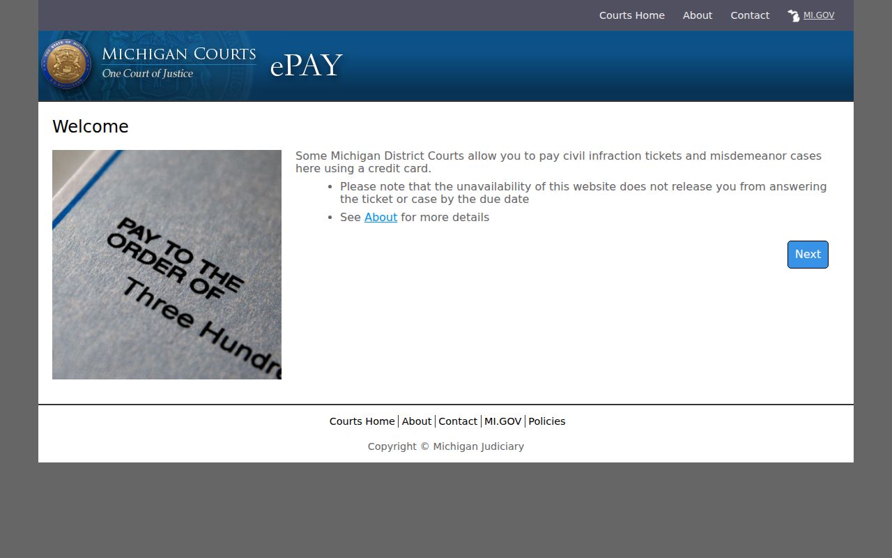 Marquette traffic court records Michigan eCourts payment screen